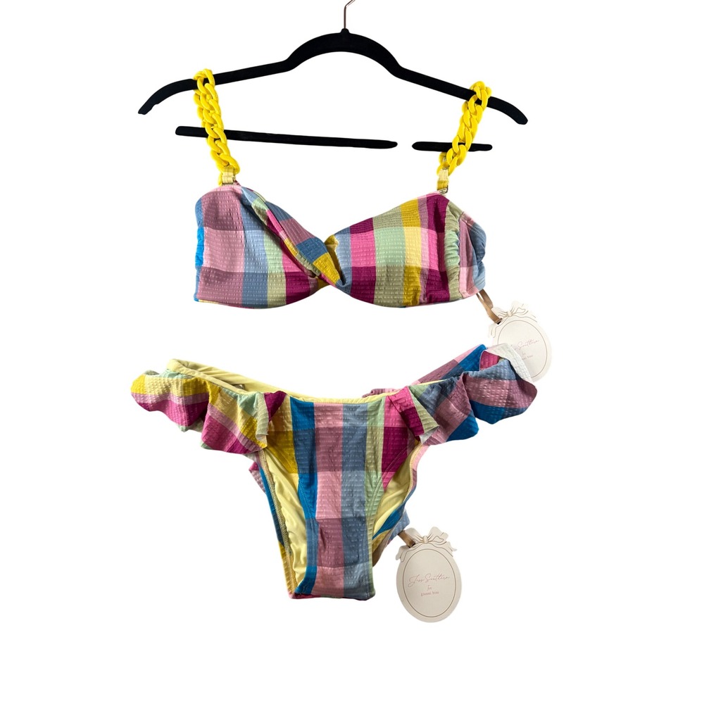 Gianni Bini x Jess Southern Plaid Bikini Set Yellow Chain Strap Ruffle Medium